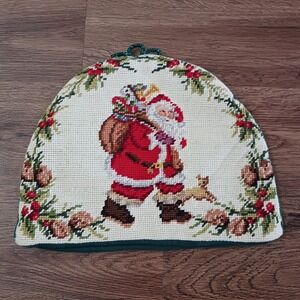 William Sonoma Needlepoint Christmas Santa Tea Pot Cozy Wool Velvet 12 x 9